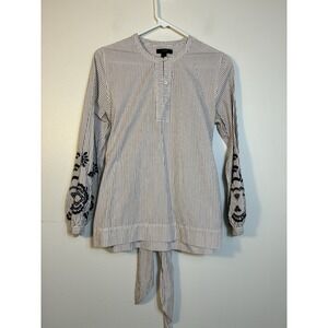 J Crew Embroidered Striped Tie Front Blouse Sz XS Bishop Sleeves 100% Cotton